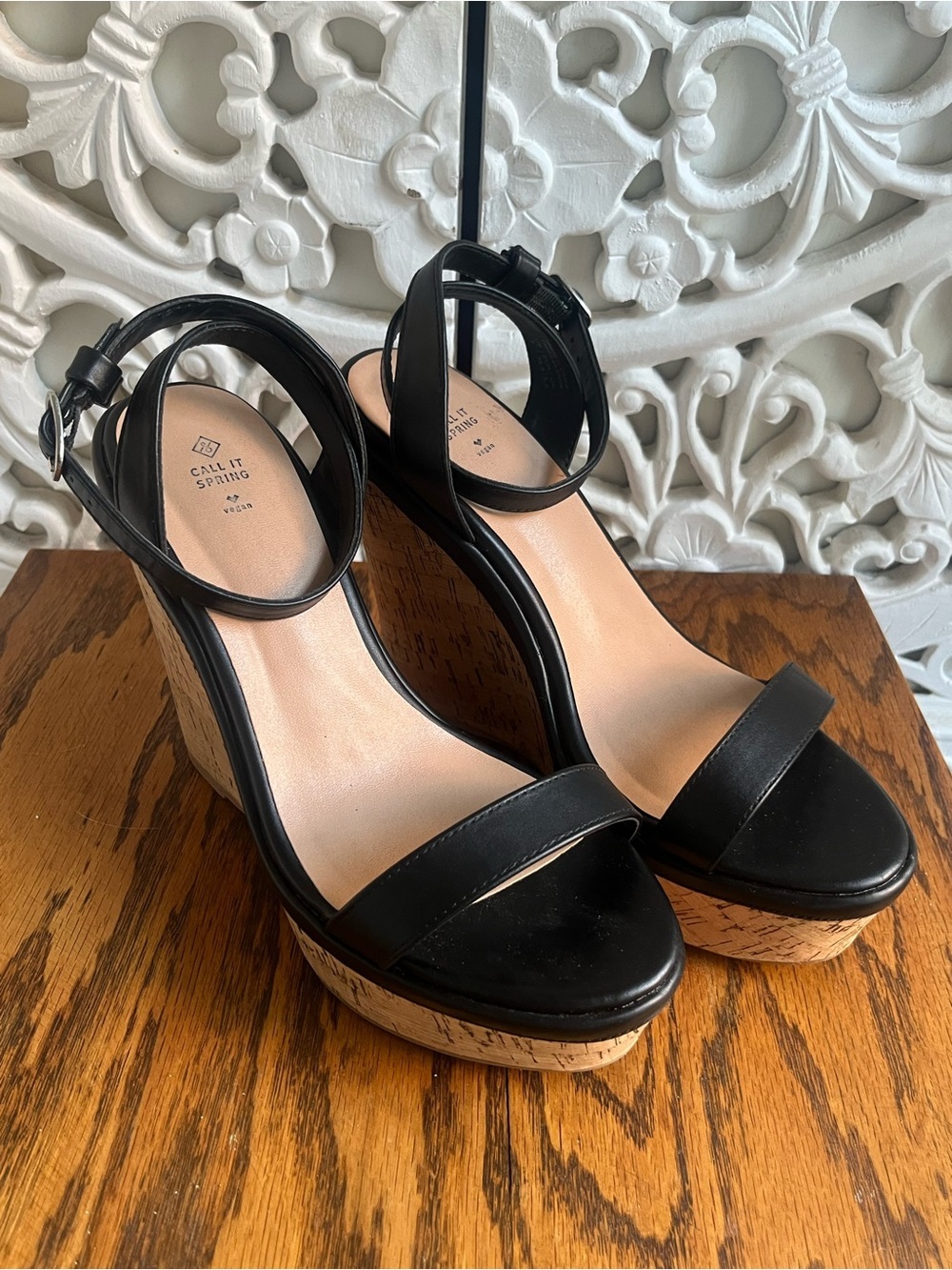 Call It Spring Vegan Cork Wedge Sandals Black Ankle Strap Size 8